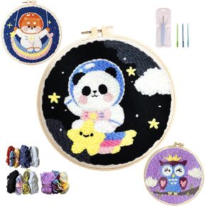 Orbflair 3 Sets Punch Needle Kits for Adults Beginners, Flowers Punch Embroidery Kits with Punch Needle Fabric, Hoops, Yarns and Sewing Needles