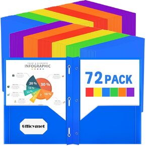 Officygnet 72 Packs Plastic Folders with Pockets and Prongs Fastener, Bulk Multicolor 2 Pocket Folders, Heavy Duty File Folders for Office School Supplies, Two Pocket Folders for Letter Size Sheets