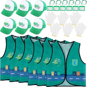 24 Pcs Kids Recycle Trash Vest Waste Management Costume Garbage man Hat Gloves ID Card for Cosplay Career Day