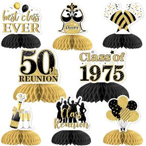 JOYMEMO 8Pcs 50 Year Class Reunion Honeycomb Centerpieces - Black and Gold 50th School Class Reunion Decorations Table Decor, Double-sided for Class of 1975 High School Reunion Welcome Back Party