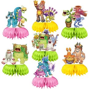 Singing Monsters Party Decorations Honeycomb Centerpiece, 7 Pieces Music Game 3D Double Side Cake Toppers Table Centerpieces, Monsters Photo Backdrop for Fans Birthday Party Decorations
