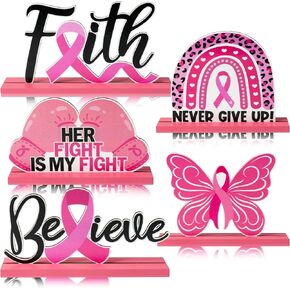 Haooryx Breast Cancer Awareness Wooden Centerpiece - 5Pcs Pink Ribbon Faith Believe Table Topper Girls Women Pink Power Fight Breast Cancer Table Decoration for Charity Party Seminar Stationery Supply