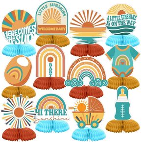 Gueevin 12 Pcs Here Comes the Son Honeycomb Centerpieces Set Here Comes the Son Baby Shower Decorations Boho Baby Shower Rainbow Sun Party Table Toppers Sunshine Table Decoration (Fresh Style)