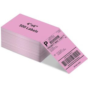 ASprink 4"x 6" Fanfold Thermal Labels - Pink Thermal Shipping Labels, Permanent Adhesive Thermal Labels for Small Business, (500 Labels)