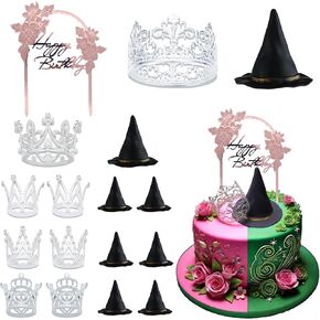 BiBo Witch Hat and Crown Cake Topper, 17 PCS Witch and Princess Theme Cupcake Toppers, Mini Witch Hat Silver Alloy Crown for Pink and Green Party Decorations Birthday Cake Supplies.