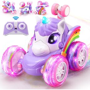 Unicornios Remote Control Car with LED Lights, 360°Rotating 4WD Stunt RC Cars for Girls, 2.4GHz One-Click Demo Double Sided Rechargeable Car Toys Christmas Birthday Presents for Girls Ages 3-8