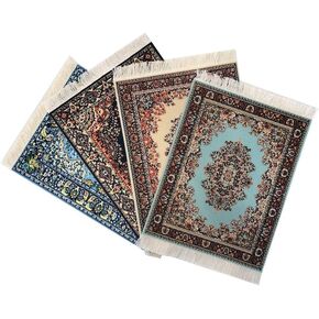Set of 4 Carpet Mousepads, Oriental Miniature Rug Style Computer Mouse Pad, Non-Slip, Elegant Office Accessories, Blue Beige