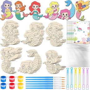24 Pcs Mermaid Birthday Party Favors Supplies Includes 24 Mermaid Wooden Crafts 24 Bubbles 24 Thank You Cards 24 Watercolor Paints and Brushes 24 Transparent Bags Christmas Gifts for Girls