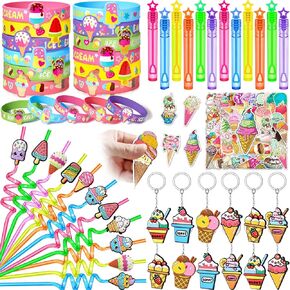 Ice Cream Party Favors Straws Keychain Bracelet Bubble Wand Sticker Set for Ice Cream Themed Gift Kid Girl Birthday Goodie Bag Stuffer Pinata Filler Classroom Prize Two Sweet Summer Party Decor