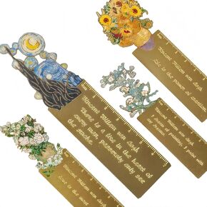 Oil Painting Metal Bookmarks Set with Ruler Scale(4 Pieces) – Gogh Elegant Golden Hollow Bookmarks & Measuring Marks for Book Lovers, Writers, Readers. Gift for Kid & Adults, Gift Packing