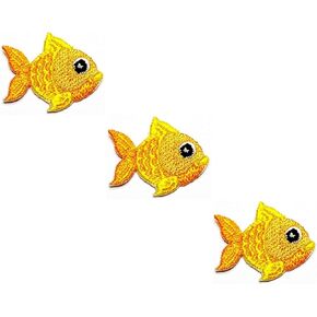 HHO Patch Set 3 Pieces. Mini Yellow Goldfish Iron on Patches cute goldfish animal Cartoon Applique Embroidered Stickers for T-Shirt Jeans Backpacks Families Clothing Hat DIY Applique