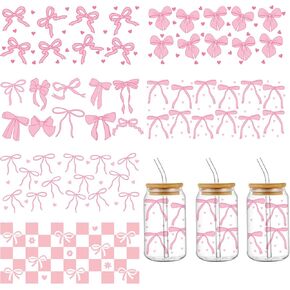 UV DTF Cup Wraps for 16 oz, 6 Pcs Cute Bow UV DTF Cup Wraps Pink White Plaid Cup Wraps Mini Heart Wave Point DTF Cup Wraps for Glass Cups Furniture Craft Wood DIY Crafts