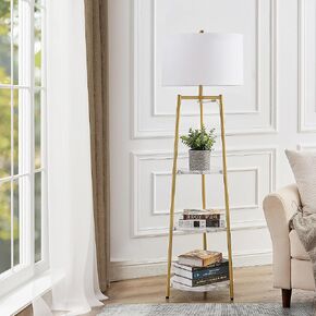 Dimmable Floor Lamp with Shelves, Gold Modern Floor Lamp for Living Room with White Faux Marble Shelves and Ivory Lamp Shade, Standing Tall Light with Rotary Switch for Home Office