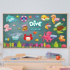 53 Pcs Under The Sea Vbs Classroom Christian Bulletin Board Set Dive into Gods Love Ocean Theme Jellyfish Sea Turtle Dolphin Shark Religious Inspirational Quote Cutout for Sunday School Wall Decor