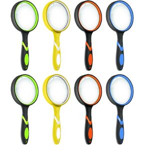 Leffis 8 Pack Magnifying Glass, 50mm 10X Glasses Lens Reading Magnifier for Kids and Seniors, Non-Slip Handheld Magnifying Glass for Close Work, Nature Exploration