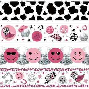 80 Pcs 91.8 Feet Disco Cow Bulletin Board Border Disco and Smile Face Print Borders Cow Classroom Decor Theme Bulletin Board for Back to School Office