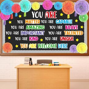 Motivational Bulletin Board Set Inspirational Bulletin Board 3D Classroom Decor Positive Affirmation Cutouts with Paper Fans Paper Tassels for Back to School Library Office Wall Door Chalkboard Decor