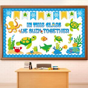 QOUBAI Sea Animals Bulletin Board Set Ocean Themed Classroom Bulletin Board Decorations Sea Turtle Cutouts Classroom Decorations for Back to School Office Home Chalkboard Decor Wall Door Supplies