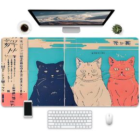 Japanese Style Cat Design Extended Gaming Mouse Pad, Large Desk Mat, 31.5 x 15.7 inches, Non-Slip Base