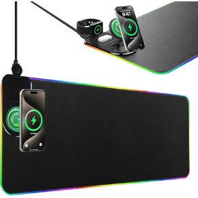 Wireless Charging Mouse Pad 4 in 1 for Phone Stand，15W Fast Charging，15 RGB Light Modes Mouse pad for XXL Large Gaming Mouse pad, Waterproof Non-Slip Keyboard Pad for Gaming, Desk, Office (Black)