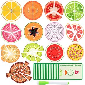 Wooden Fruit Fractions Circles, Fractions Resources for Children Math, Food Theme Educational Toys Math Games, Montessori Math Learning Game, 91 Pieces(with 20 Question Cards)Elementary School Age 6+