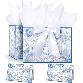 Crisky 13" Large Gift Bag for women with Tissue Paper and Card, Blue Floral Gift Bags for Weddings, Bridal Showers, Engagements