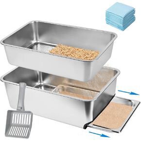 23.5" x 15.7" x 8" Stainless Steel Sifting Litter Box for Pine Pellets, XXL Large Pull-Out Cat Litter Box for Big Cats with High Sides, Metal Cat Litter Pan with Plastic Scoop &10 Urine Pads