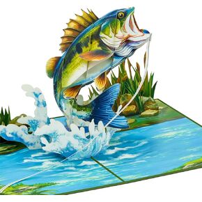 Fishing Pop Up Card, Largemouth Bass, Fishing Basket, 3D Greeting Cards, Gift For Fathers Day, Retirement, Birthday, Dad, Father, Stepdad, 5x7 - Includes Envelope And Message Note