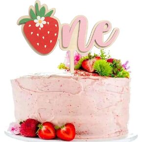 BOOMPA Wooden Strawberry Birthday Cake Topper - Sweet 1st Birthday Decor - First Birthday Cake Topper For Baby - Berry Strawberry Theme Party 1st Boy And Girl Birthday Decoration - Cake Smash Photo Prop