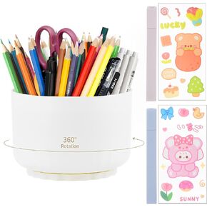 WCHOSOZH Rotating Desk Organizer,Small Pencil Pen Holder 360 Degree Rotating with 2 Stickers and 2 Highlighter, 5 Slots Aesthetic Office Supplies, Pencil Cup Desk Decor for School(white)