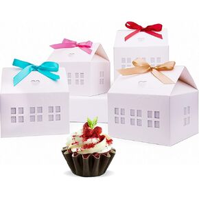 20 Pcs Classic House Shaped Gift Boxes with Bright Ribbons for Treats, Desserts, Fancy Cookie, White Gable Bakery Packaging