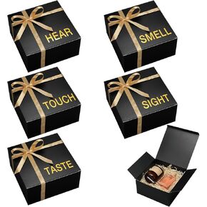 Kolldenn 5 Senses Gift Boxes for Him Her Five Senses Square Gift Boxes with Ribbon Black Paper Box Champagne Color Ribbon for Mothers Day Birthday Christmas Wedding Anniversary