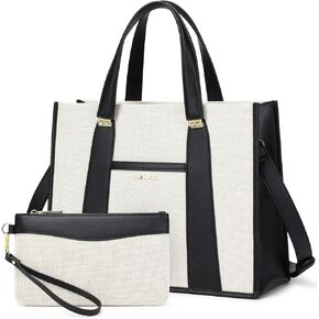 Canvas Tote Bag for Women Work, Pu Leather Laptop Handbag for Daily Use with Luggage Strap Small Wallet Black