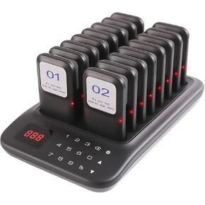 Restaurant Pager System, 16 Beeper Wireless Calling System Guest Customer Queue Pagers for Food Truck Church Nursery Clinic Coffee Shop Restaurants Bar with Vibration Flash Buzzer (Black)