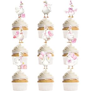36 Pcs One Funny Goose Birthday Decor for Girls, Cute Pink Goose Themed Cupcake Toppers, Fun Farm Animal Birthday Baby Shower Gender Reveal Party Supplies (9 Designs)