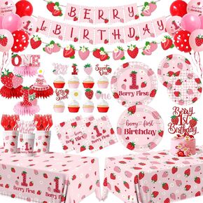 190Pcs Strawberry 1st Birthday Decorations,Berry First Party Tableware Strawberry Sweet One Themed Plates and Napkins Disposable Tablecloth,Cups,Balloon,Forks,Straw,Cupcake Topper,Serve 24