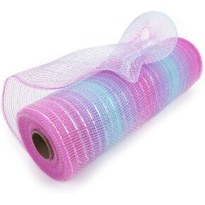 UnionJoy Decorative Mesh Ribbon 10 Inch x 30 Feet(10Yard), Pink & Blue Stripes Poly Mesh Ribbons with Metallic Foil Use for Wreaths Swags,Valentine’s Day and Christmas Decoration, Party Craft