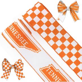2 Rolls 10 Yards Tennessee Ribbon for Wrapping Craft – Orange White Checkered Grosgrain Tennessee State Sports Ribbon for Football Party Decoration Supplies 2.5 Inch ﻿