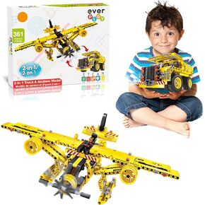 361 Piece 2-in-1 Flying Propeller Airplane & Dump Truck Model Construction Building Brick Blocks DIY Transforming Engineer Take-a-Part Toy Set STEM Learning Kit School Kids Boys Girls Age 6+ EverPlay