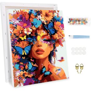 KEYIFA Paint by Numbers Adult Kit with Frame, 12x16 in, Lady with Flowers, Easy Painting Kits for Beginners, Paint on Clear Colored Canvas, Acrylic Pigment Drawing Paintwork DIY Home Wall Decor