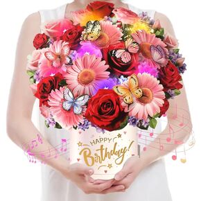 Birthday Cards with Music & Lights, Pop Up Happy Birthday Cards, 10 Inch Size Daisies & Butterflies Flower Bouquet, Birthday Cards for Girls, Women, Wife, Mom, Sisters