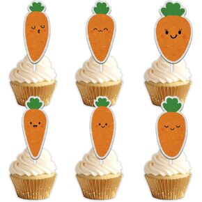 18pcs Orange Glitter Cute Carrot Dessert Cupcake Topper Funny Vegetable Theme Decor Supplies Baby Shower Boys Girls Happy Birthday Party Decorations