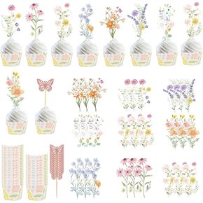 100 Pcs Wildflower Cupcake Toppers Decor and Birthday Cake Paper Cup, Baby in Bloom Baby Shower Cupcake Decorations, Floral Spring Party Wedding Bridal Shower Decoration