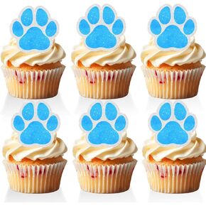 18 PCS Paw Print Cupcake Toppers for Boys Baby Shower Blue Glitter Bone Puppy Cake Toppers Dog Birthday Themed Party Decorations Let's Pawty Supplies