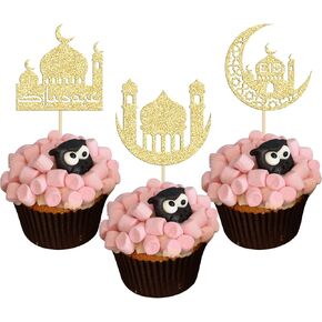 36 Pack Gold Glitter Moon and Star Eid Mubarak Cupcake Topper Ramadan Kareem Party Supplies Islamic Muslim Party Decorations