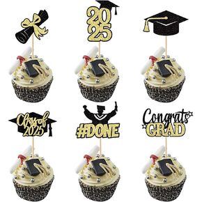 24 PCS Graduation Cupcake Toppers, Congratulations to The Graduating Class of 2025, Shining 2025 Graduation Party Cake Decoration(Golden)