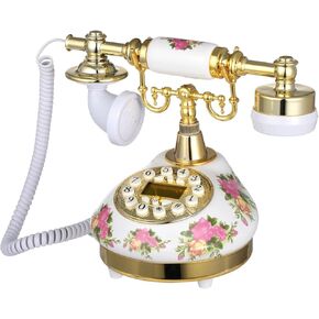 Antique Ceramic Landline Phone, Flower Printed Vintage Telephone, Old Fashioned Telephone with Push Button LCD Display, Ringtone Volume Adjustable Landline Phone Retro Decor for Home Office Hotel