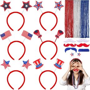 24 Pcs 4th of July Accessory Red White Blue Party Supply, Patriotic American Flag Headband Necklace for Fourth of July Accessory Kit Independence Day Memorial Day Party Parades (6 People)