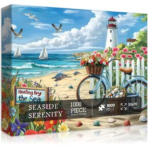 PICKFORU Beach Puzzles for Adults 1000 Pieces, Coastal Lighthouse Puzzle with Flowers Bike Sea Turtle, Nature Summer Ocean Jigsaw Puzzles, Seaside Scenery Challenge for Adults