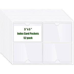 Self Adhesive 3"x 5" Index Card Pockets with Top Open for Loading 52 Pack, Goefun Clear Adhesive Pockets Plastic Label Holder for Storage Bins and Note Cards Lockers